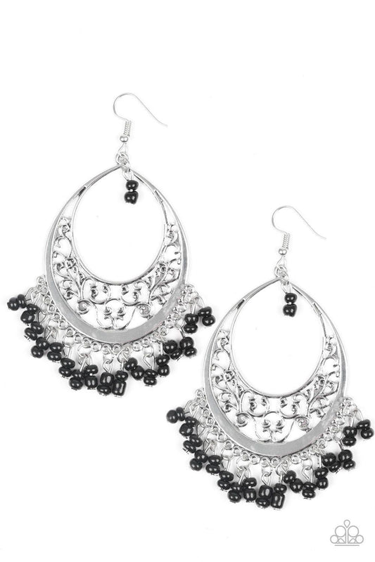 Paparazzi Accessories Malibu Mamba - Black Pairs of black seed beads swing from the bottom of a glistening silver teardrop radiating with filigree detail, creating a colorful fringe. Earring attaches to a standard fishhook fitting.Sold as one pair of earr