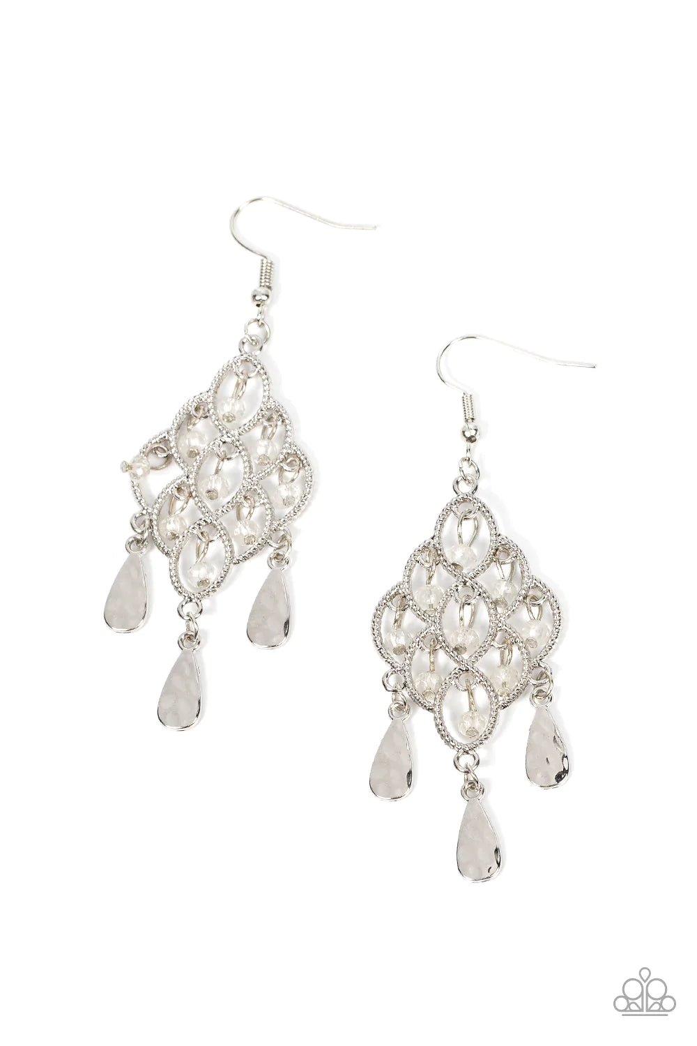 Paparazzi Accessories Sentimental Shimmer - White Hammered silver teardrops swing from the bottom of a frame composed of silvery ropelike filigree that gently loops into an airy diamond shape. Tiers of dainty white crystal-like beads cascade from the fril
