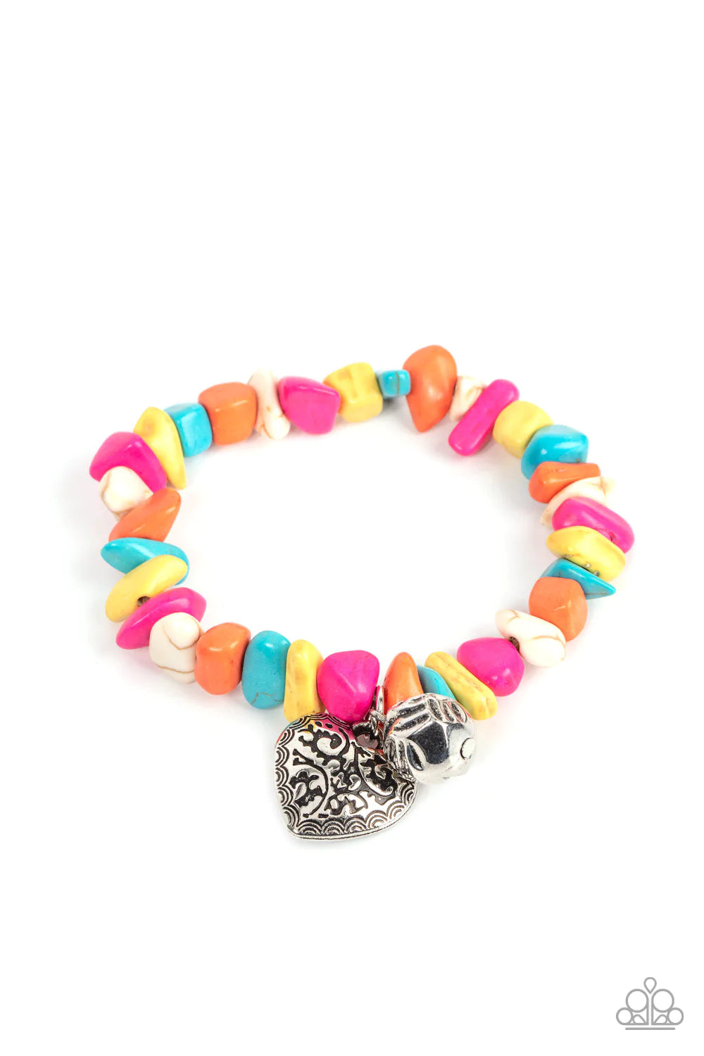 Paparazzi Accessories Love You To Pieces - Multi Infused with a hammered silver bead and a decorative silver heart charm, an earthy collection of multicolored pebbles are threaded along a stretchy band around the wrist for a whimsical fashion. Jewelry
