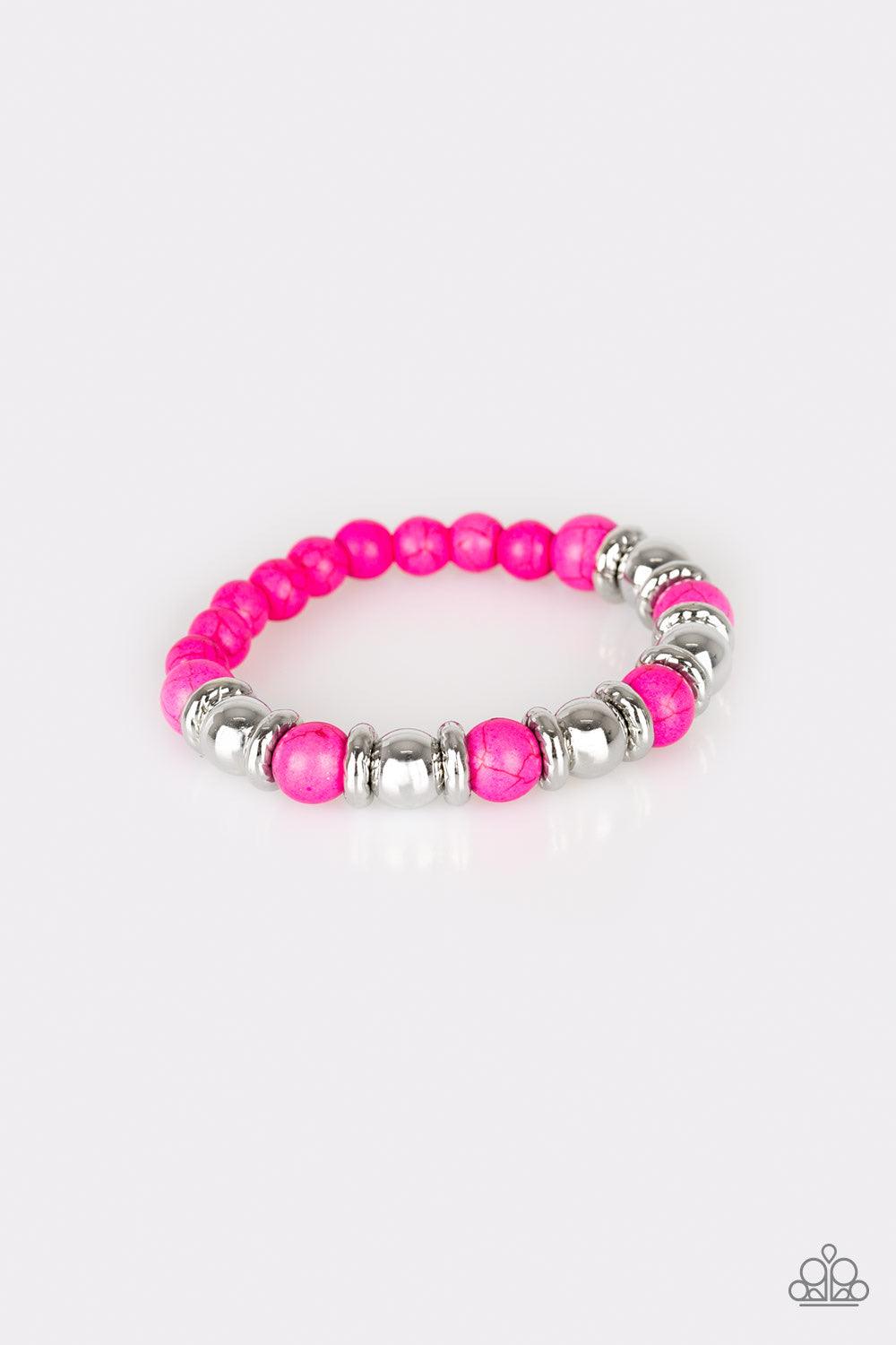 Paparazzi Accessories Across The Mesa - Pink A collection of silver accents and vivacious pink stones are threaded along a stretchy band for a seasonal look. Jewelry