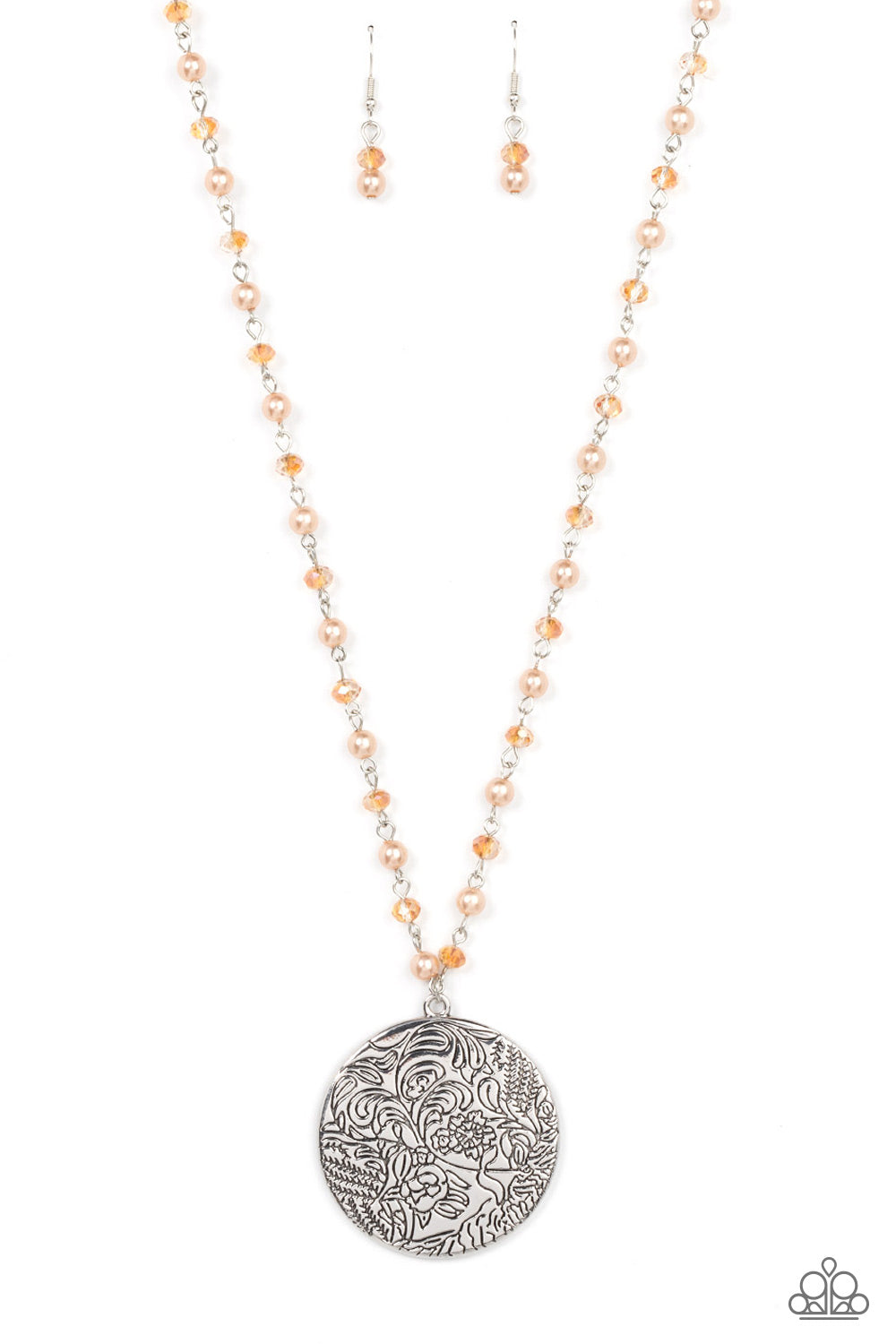 Paparazzi Accessories Secret Cottage - Brown An oversized silver disc stamped in a whimsical floral motif swings from the bottom of a pearly and crystal-like brown beaded chain, resulting in a romantic cottagecore inspired pendant. Features an adjustable