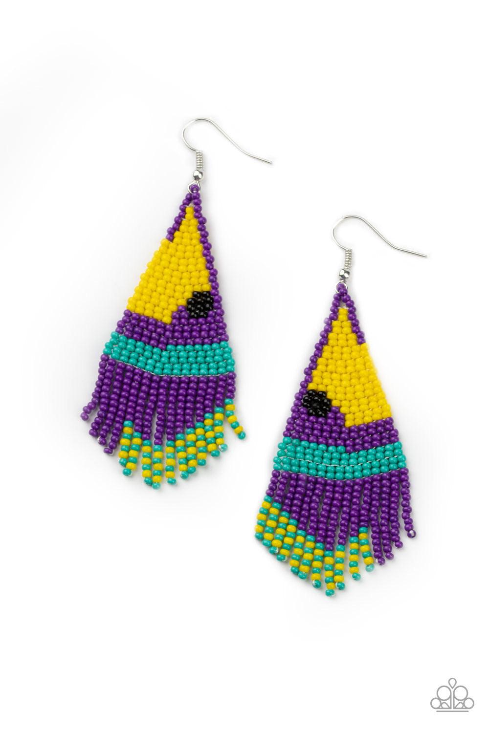 Paparazzi Accessories Brightly Beaded - Purple Strands of purple, yellow, black, and green seed beads colorfully weave into a vivaciously beaded fringe. Earring attaches to a standard fishhook fitting. Sold as one pair of earrings. Jewelry