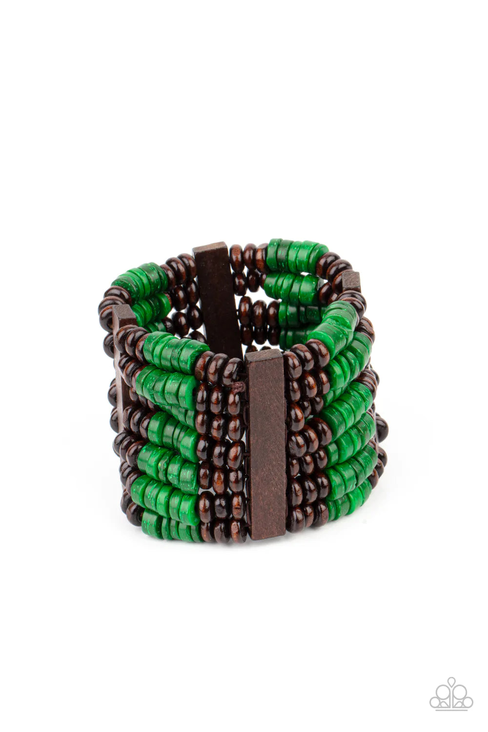 Paparazzi Accessories Vacay Vogue - Green Held together by rectangular wooden frames, rows of brown wooden and distressed Leprechaun discs are threaded along stretchy bands around the wrist for a seasonal pop of color around the wrist. Sold as one individ
