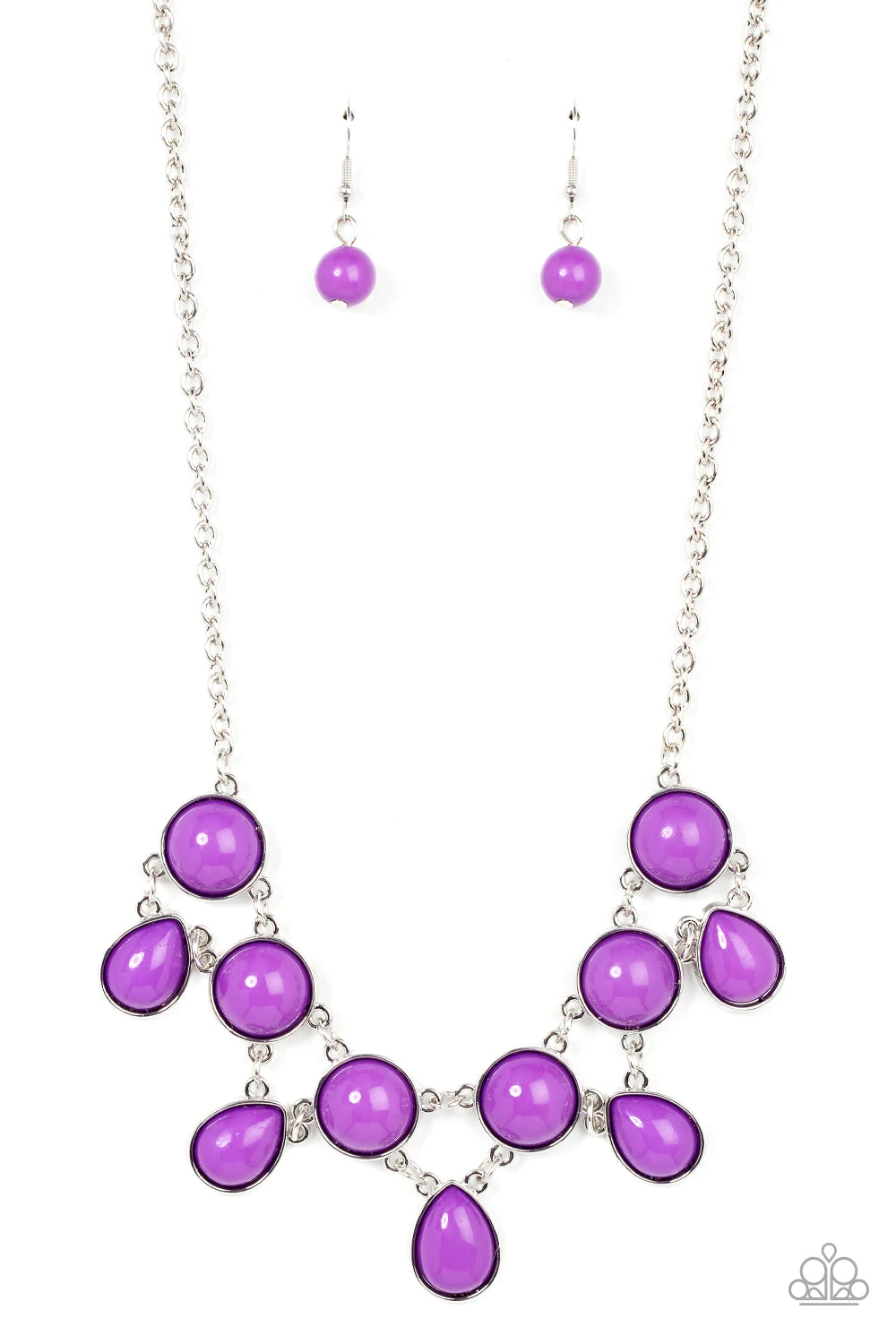Paparazzi Accessories Very Valley Girl - Purple A vivacious collection of purple teardrop beads links to the bottom row of oversized round purple beads, interlocking into a glamorous pop of color below the collar. Features an adjustable clasp closure. Sol