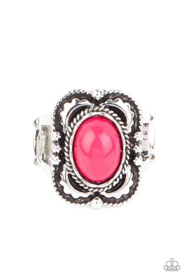 Paparazzi Accessories Vivaciously Vibrant - Pink A flamboyant pink bead is encircled inside a metallic ropelike fitting atop a decoratively embossed silver frame, creating a vivacious pop of color. Features a stretchy band for a flexible fit. Jewelry