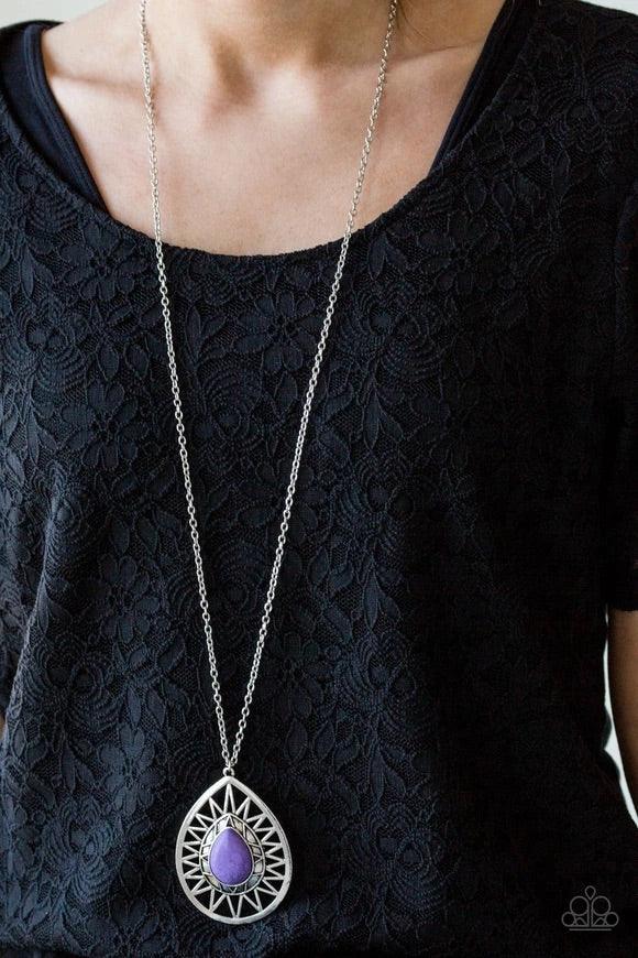 Paparazzi Accessories Summer Sunbeam - Purple large silver teardrop radiating with shimmery sunburst patterns. The tribal inspired pendant swings from the bottom of a lengthened silver chain for a dramatic look. Features an adjustable clasp closure. Sold