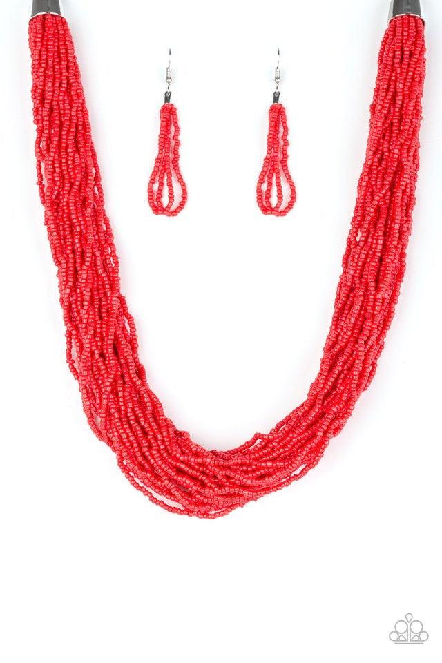 Paparazzi Accessories The Show Must CONGO On! - Red Infused with two bold silver fittings, countless strands of fiery red seed beads drape below the collar for a seasonal look. Features an adjustable clasp closure. Sold as one individual necklace. Include