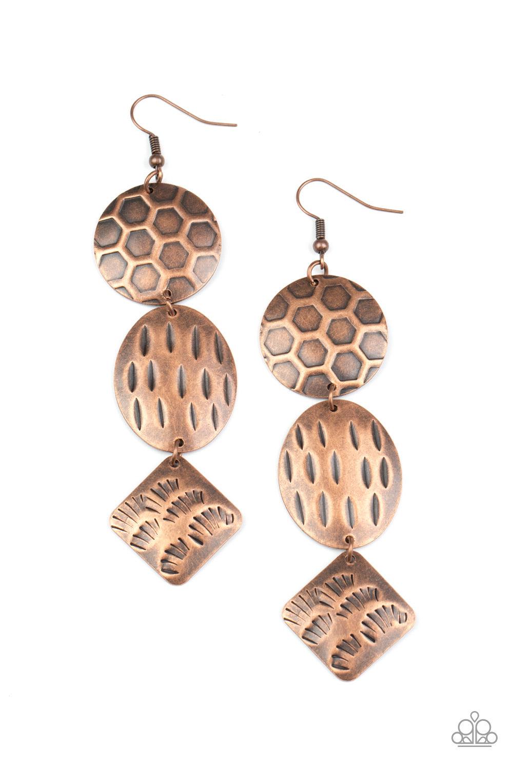 Paparazzi Accessories Mixed Movement - Copper Featuring a variety of earthy textures, three mismatched copper frames delicately link into a free-spirited stacked lure. Earring attaches to a standard fishhook fitting. Sold as one pair of earrings. Jewelry