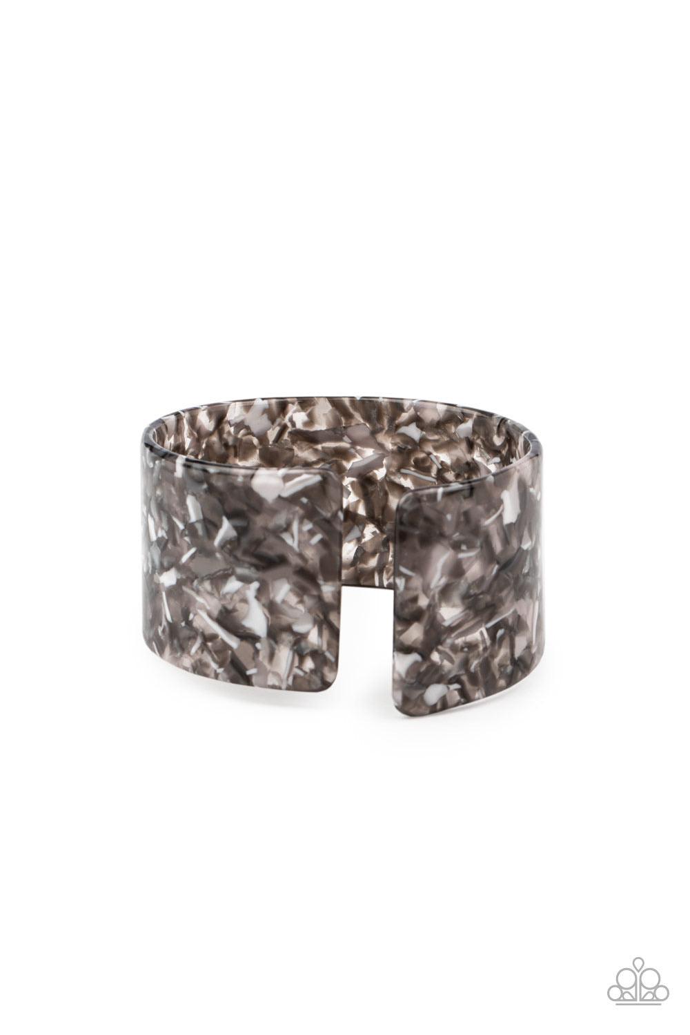 Paparazzi Accessories Haute Hustle - Silver Featuring a colorful tortoise shell pattern, a gray acrylic cuff asymmetrically wraps around the wrist, creating a tilted opening for a retro finish. Sold as one individual bracelet. Jewelry