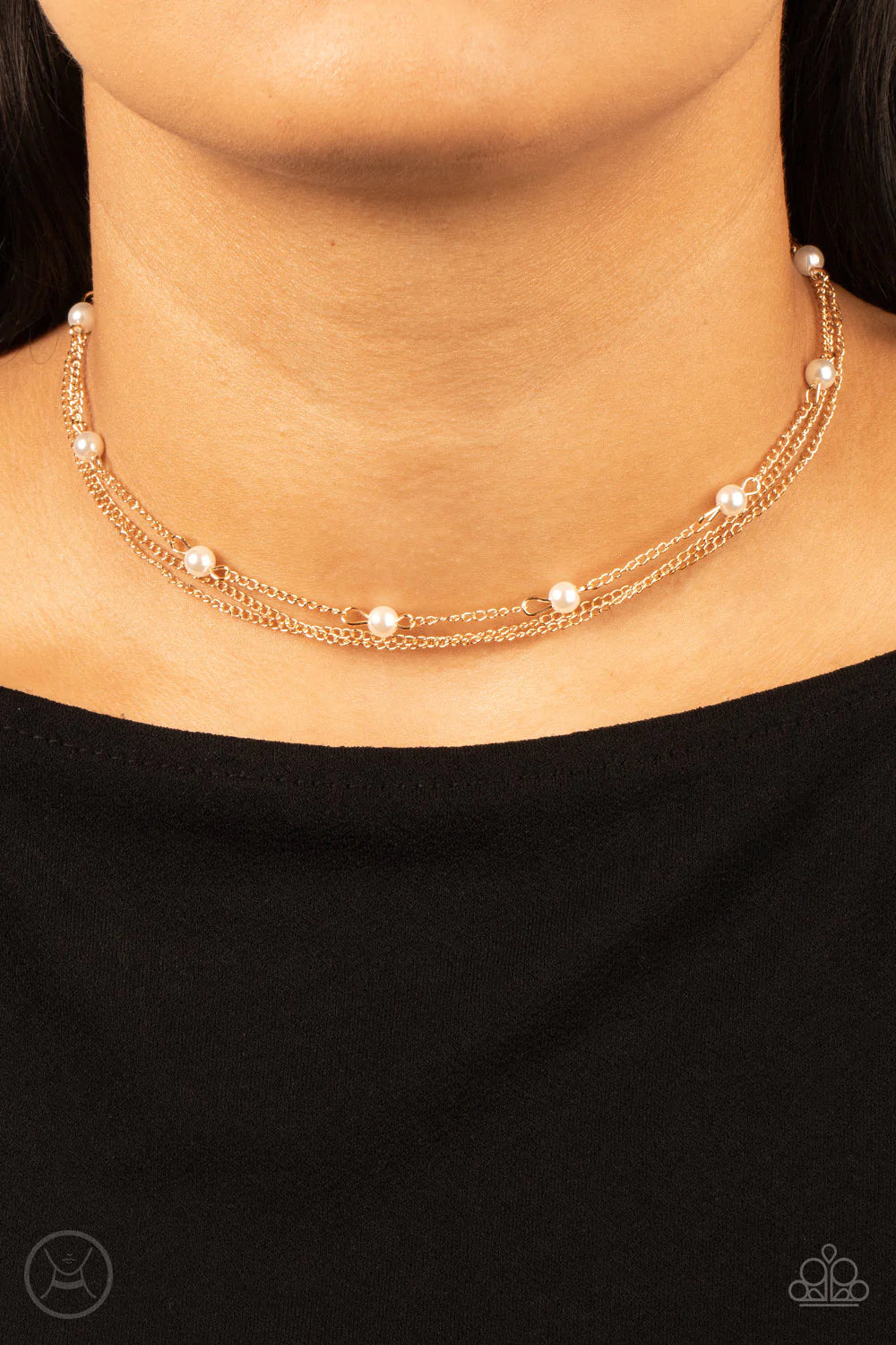 Paparazzi Accessories Daintily Dapper - Gold Infused with a single strand of white pearls, dainty gold chains layer around the neck for a timeless twist. Features an adjustable clasp closure. Sold as one individual choker necklace. Includes one pair of ma