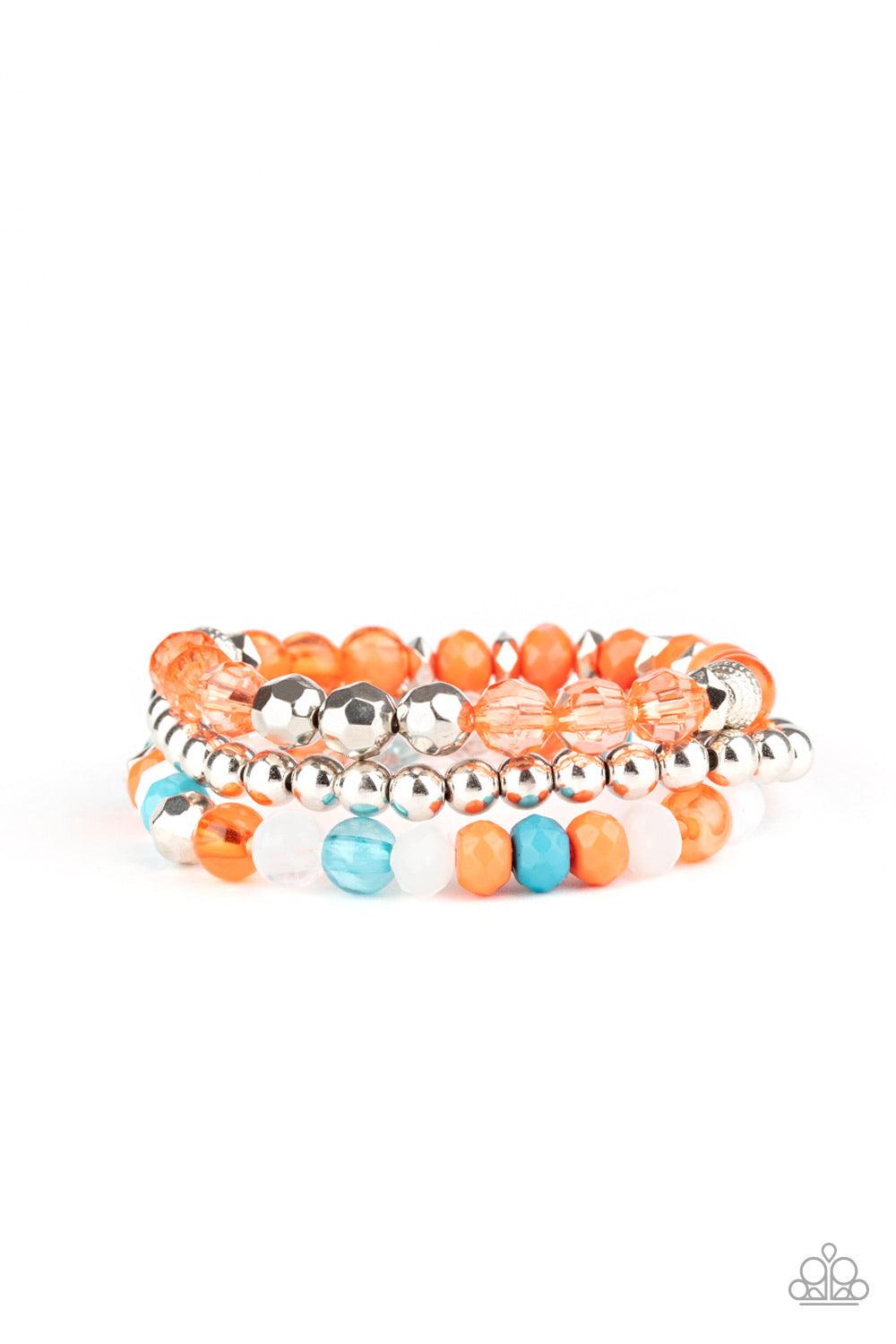 Paparazzi Accessories Sugary Shimmer - Multi Infused with shimmery silver accents, a collection of glassy and acrylic, blue, orange, and white beads are threaded along stretchy bands around the wrist, creating colorful layers. Jewelry