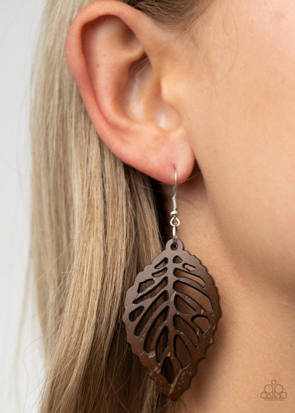 Paparazzi Accessories LEAD Em Hanging - Brown Brushed in a distressed brown finish, an airy wooden frame has been cut into a leafy stenciled design for a woodsy look. Earring attaches to a standard fishhook fitting. Sold as one pair of earrings. Jewelry