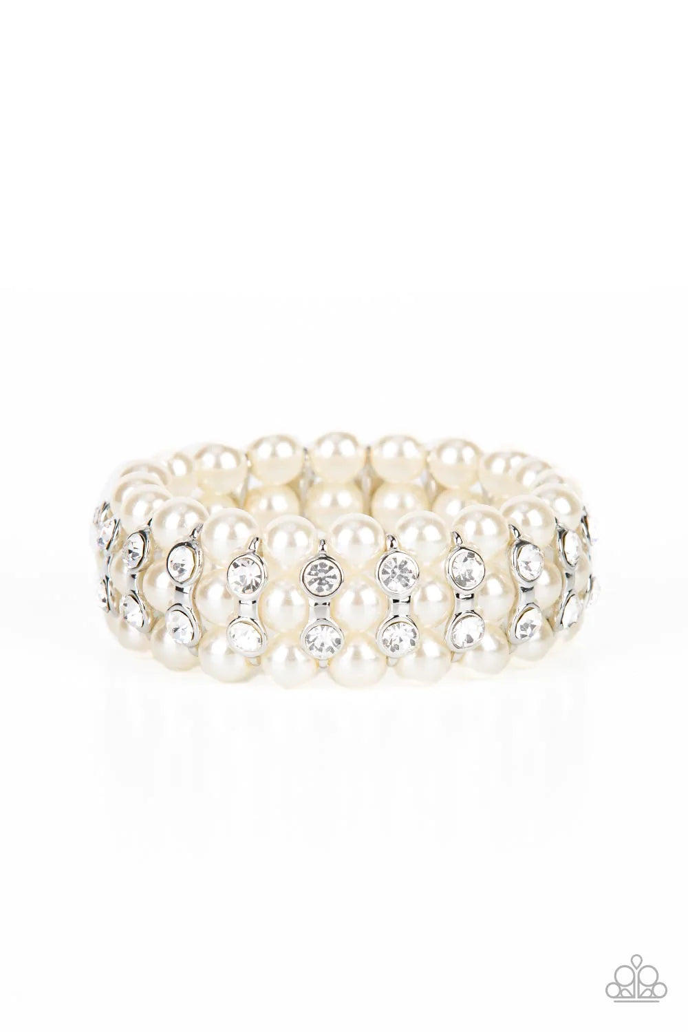 Paparazzi Accessories Eiffel Tower Elegance - White Stacked rows of bubbly white pearls alternate with white rhinestone encrusted silver frames along stretchy bands, adding a timeless twist to the traditional pearl palette. Sold as one individual bracelet