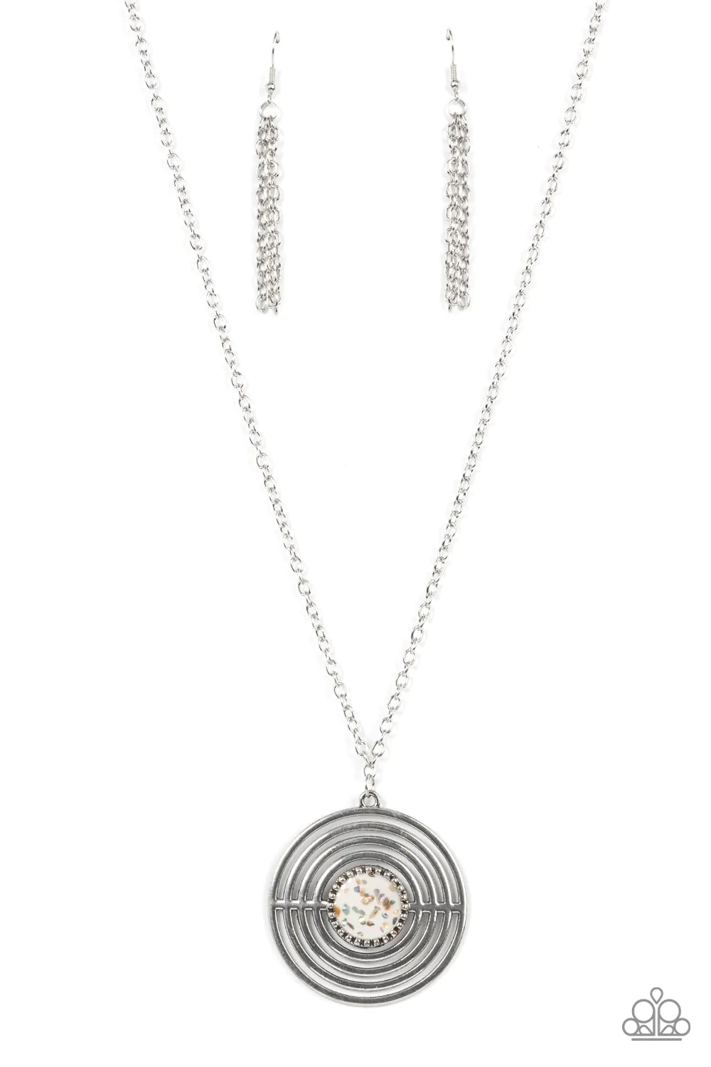 Paparazzi Accessories Targeted Tranquility - White Flecked in iridescent shell-like accents, a studded white frame adorns the center of an oversized silver pendant rippling with concentric circles at the bottom of an extended silver chain for a dizzying p