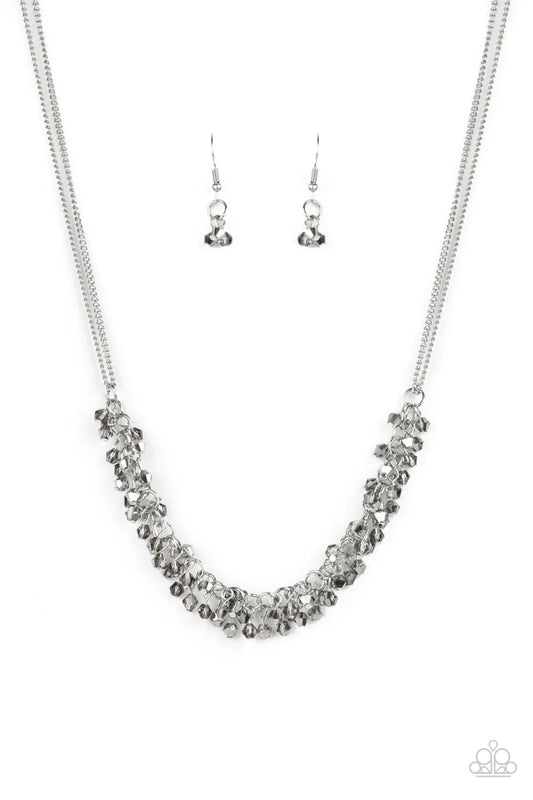 Paparazzi Accessories Let There Be TWILIGHT - Silver Flecked in hematite, dainty smoky crystal-like beads swing from doubled silver chains, creating a clustered fringe below the collar. Features an adjustable clasp closure. Sold as one individual necklace