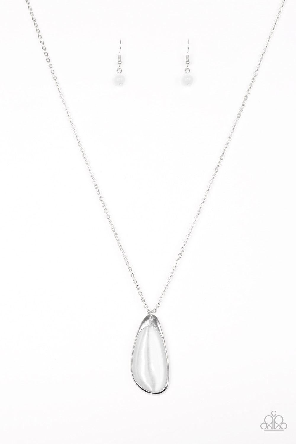 Paparazzi Accessories Magically Modern - White A glowing white moonstone is pressed into an asymmetrical silver frame, creating a whimsical pendant. Features an adjustable clasp closure. Sold as one individual necklace. Includes one pair of matching earri