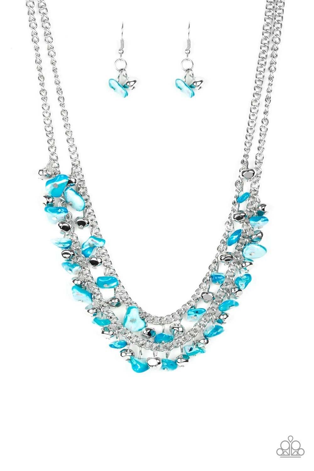 Paparazzi Accessories Pebble Pioneer - Blue Pebble Pioneer Blue. Two strands of refreshing blue pebbles and faceted silver beads swing from the bottoms of two layered chains, creating a colorful fringe below the collar. Features an adjustable clasp closur