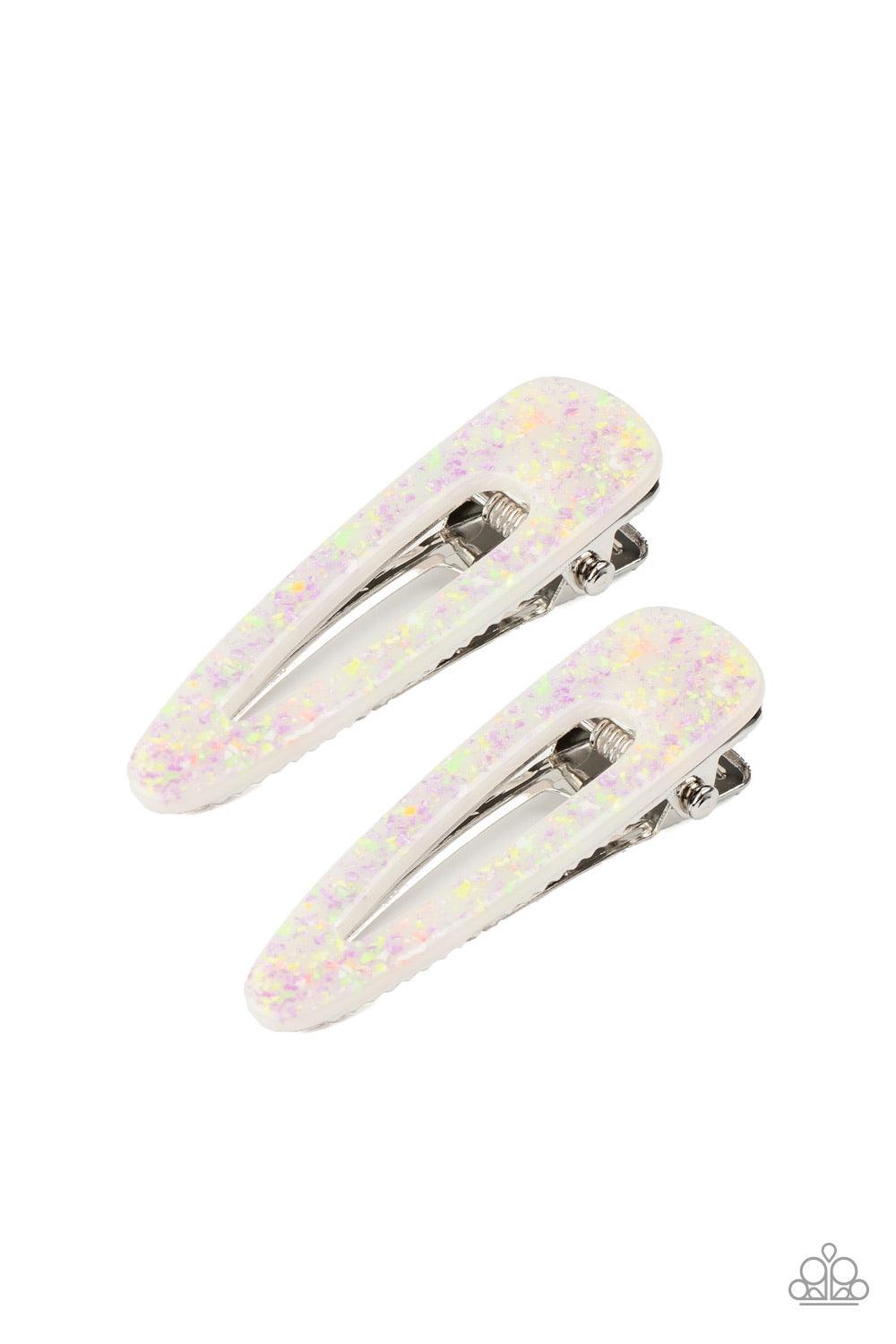 Paparazzi Accessories A CLIP Off The Old Block - Multi Featuring an iridescent speckled pattern, a pair of colorful acrylic hair clips pull back the hair for a retro inspired look. Features standard hair clips. Sold as one pair of hair clips. Brooches & L