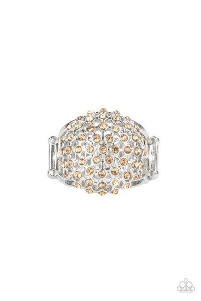 Paparazzi Accessories Magically Moroccan - Brown Glittering dainty light topaz rhinestones encased in a silver starburst frame create a magical centerpiece atop the finger. Features a stretchy band for a flexible fit. Sold as one individual ring. Body Jew
