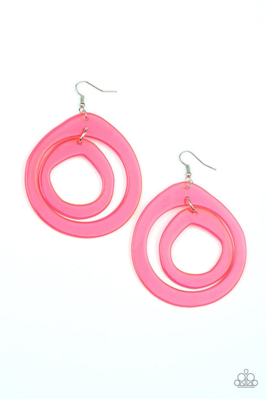 Paparazzi Accessories Show Your True NEONS - Pink Featuring asymmetrical shapes, neon pink acrylic hoops link into a dizzying lure for an out-of-this-world experience. Earring attaches to a standard fishhook fitting. Sold as one pair of earrings. Jewelry