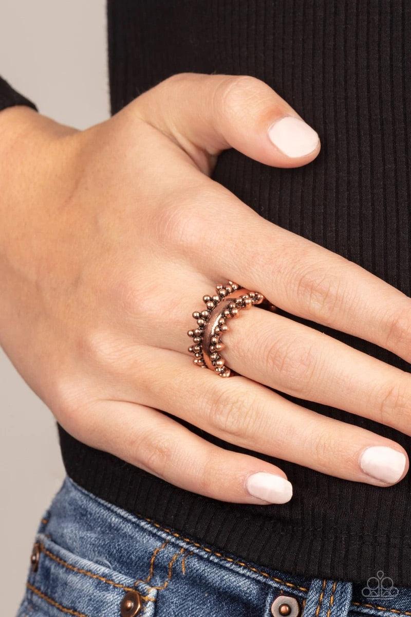 Paparazzi Accessories Heavy Metal Muse - Copper rios of shimmery copper studs dot the top and bottom of an antiqued copper band for an edgy industrial look. Features a dainty stretchy band for a flexible fit. Sold as one individual ring. Jewelry