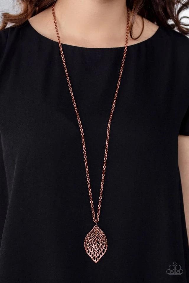 Paparazzi Accessories Just Be-LEAF - Copper Gradually increasing in size, airy copper leaf pendants swing at the bottom of a lengthened copper chain, creating a seasonal pendant. Features an adjustable clasp closure. Jewelry
