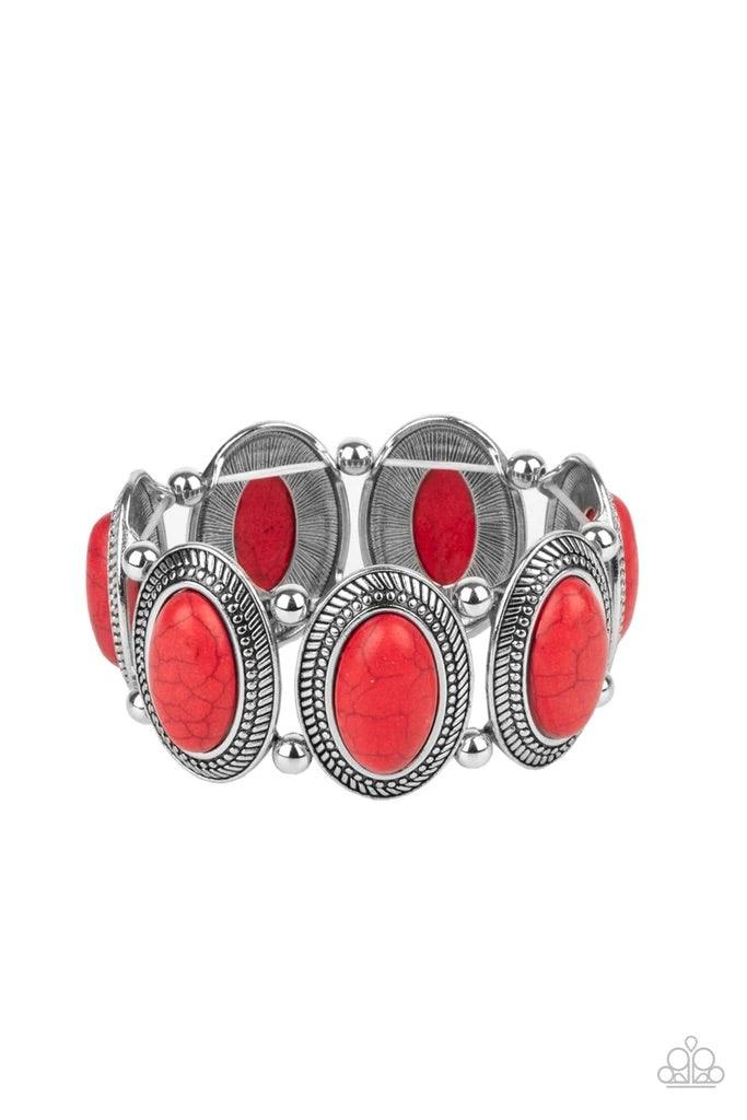 Paparazzi Accessories Until The Cows Come HOMESTEAD - Red Separated by pairs of silver beads, red stone dotted rustic silver frames are threaded along stretchy bands around the wrist for a seasonal flair. Sold as one individual bracelet. Jewelry