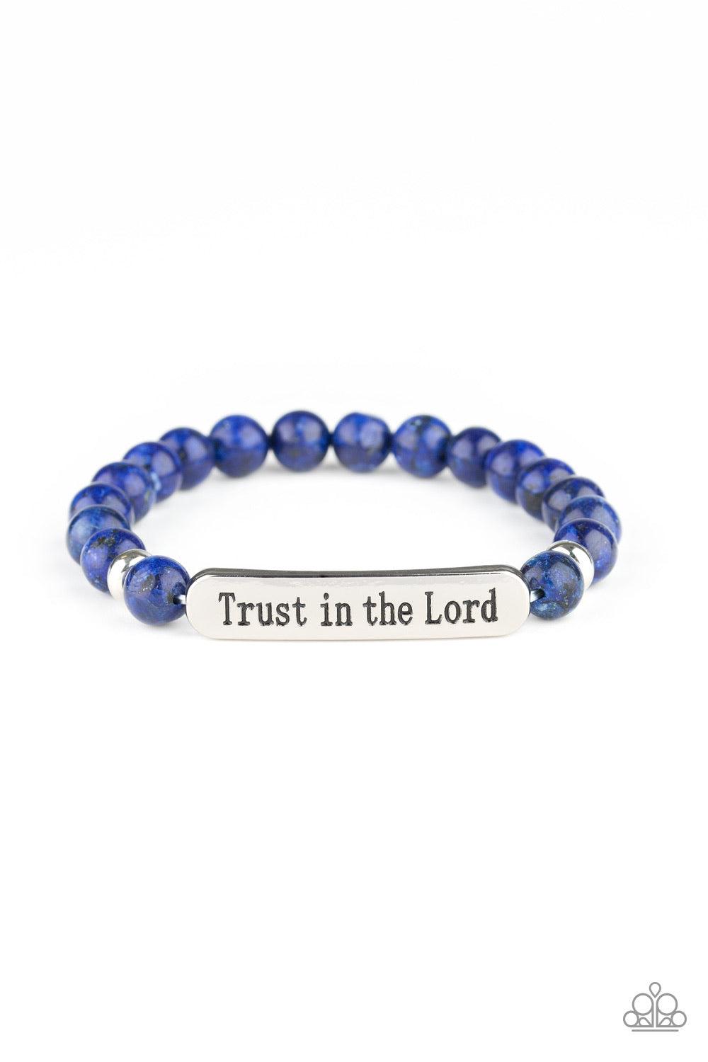 Paparazzi Accessories Trust Always - Blue Infused with dainty silver accents, a collection of glassy blue stone beads and a shimmery silver frame stamped in the phrase, "Trust in the Lord", are threaded along a stretchy band around the wrist for an inspir