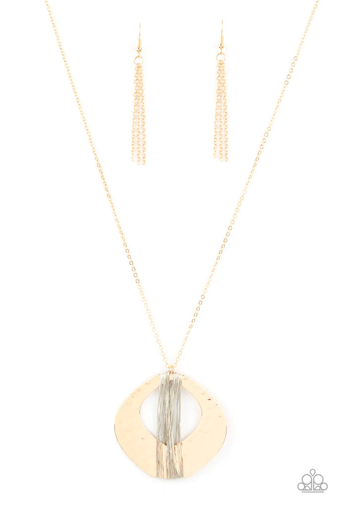 Paparazzi Accessories State of the ARTISAN - Gold Dainty silver wire is haphazardly wrapped around the center of a hammered oval gold frame, creating a one-of-a-kind pendant at the bottom of a lengthened gold chain. Features an adjustable clasp closure. S