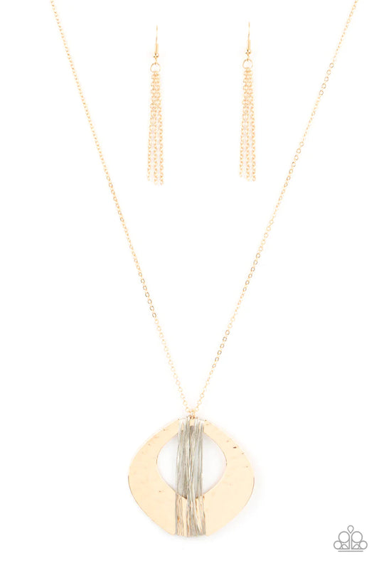 Paparazzi Accessories State of the ARTISAN - Gold Dainty silver wire is haphazardly wrapped around the center of a hammered oval gold frame, creating a one-of-a-kind pendant at the bottom of a lengthened gold chain. Features an adjustable clasp closure. S