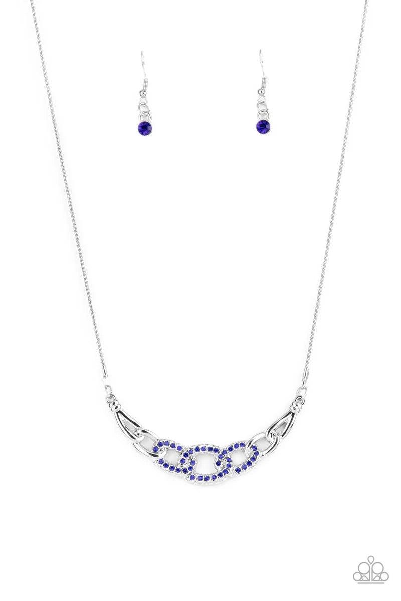 Paparazzi Accessories KNOT In Love - Blue Shiny silver links, encrusted with dainty blue rhinestones, connect into a glamorous centerpiece below the collar. Features an adjustable clasp closure. Sold as one individual necklace. Includes one pair of matchi