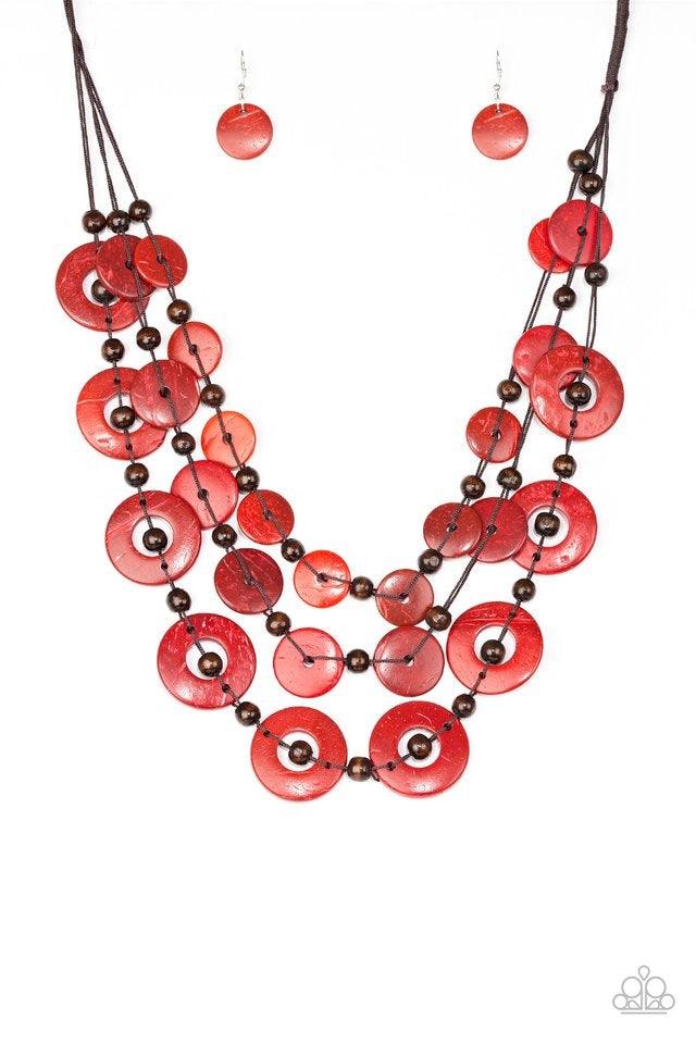 Paparazzi Accessories Catalina Coastin - Red Brushed in a shell-like iridescence, fiery red wooden discs and round brown wooden beads are knotted along three strands of brown cording for a summery look. Features a button loop closure. Jewelry