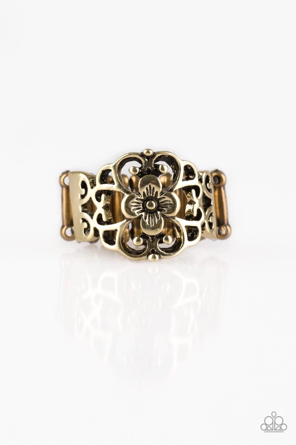 Paparazzi Accessories Fanciful Flower Gardens ~Brass Glistening brass filigree blooms from a shimmery floral center, creating a whimsical band across the finger. Features a stretchy band for a flexible fit. Sold as one individual ring. Jewelry