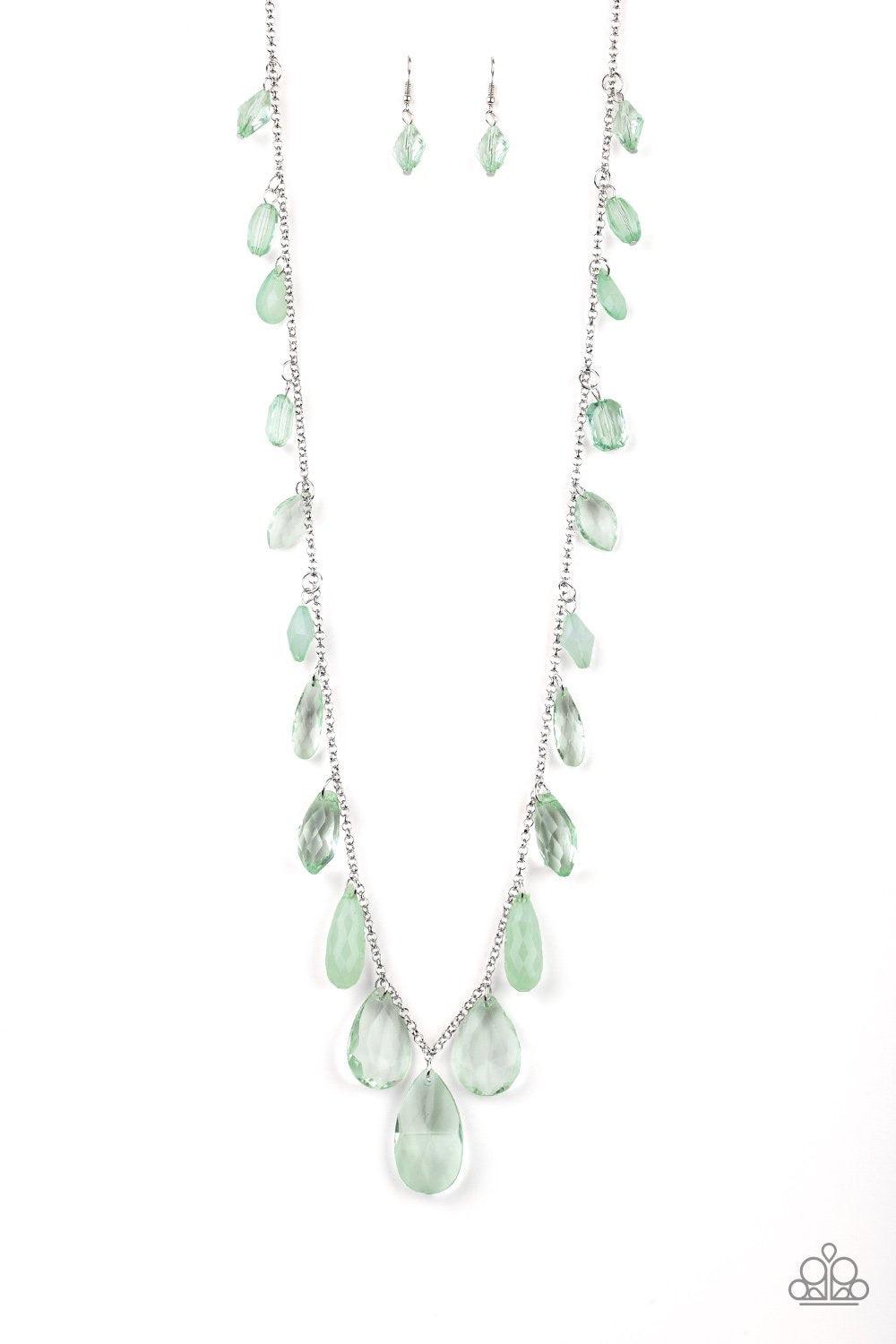 Paparazzi Accessories Glow And Steady Wins The Race - Green A gorgeous collection of glassy and cloudy green crystal-like beads trickle along a shimmery silver chain down the chest in a whimsical fashion. Features an adjustable clasp closure. Jewelry