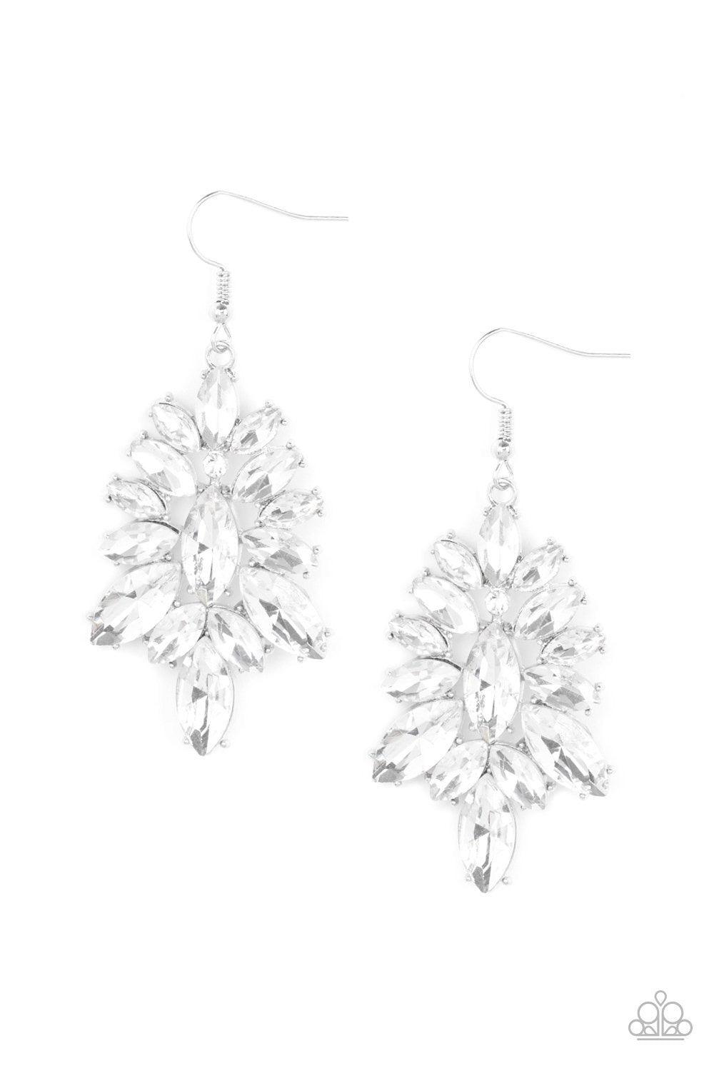 Paparazzi Accessories Billion Dollar Boss - White A single marquise-cut rhinestone gives way to an explosion of frosted refinement created by a frame of glittery marquise-cut rhinestones in varying sizes. As the gems fan out from the center, the result is