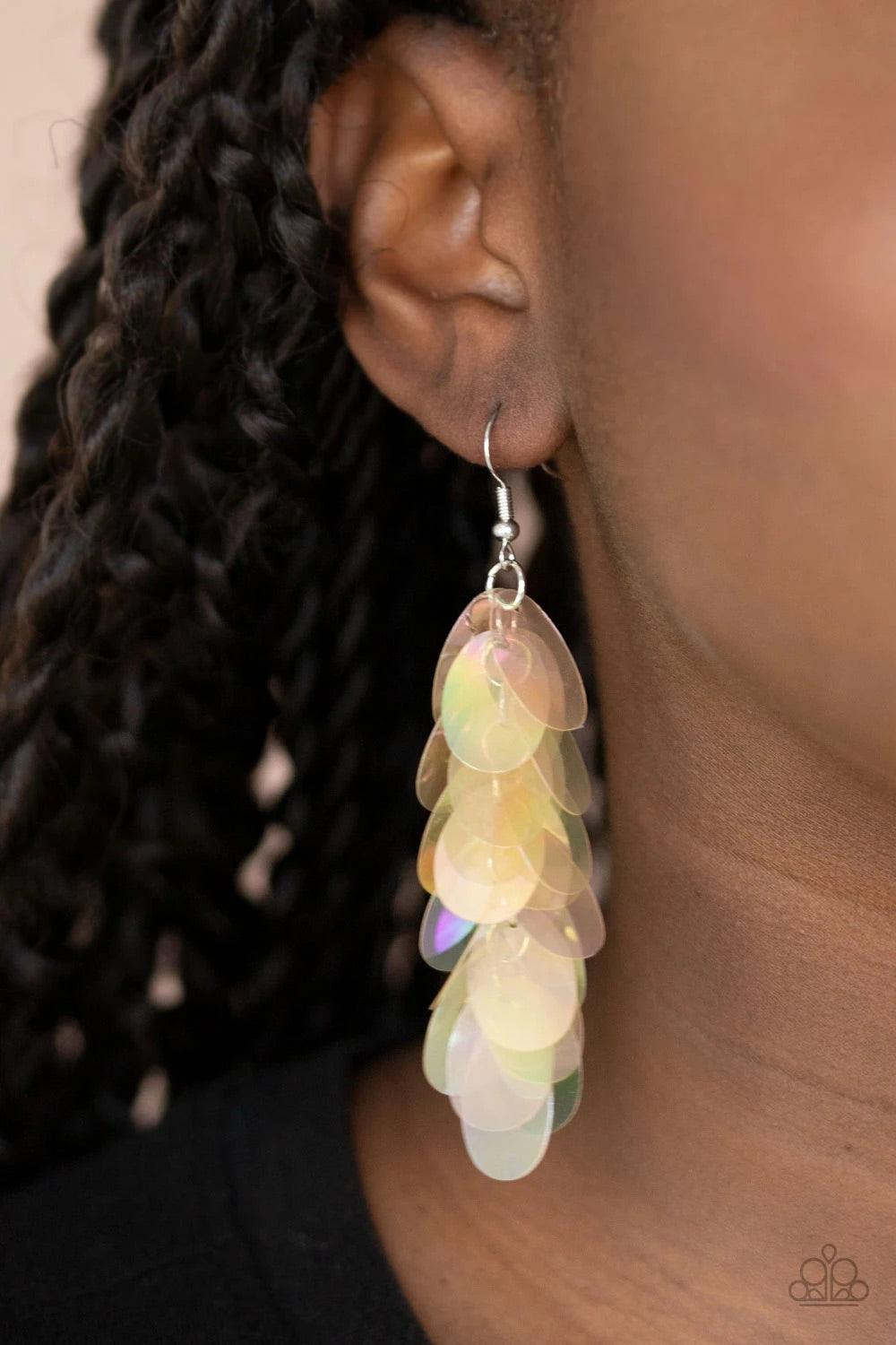 Paparazzi Accessories Stellar Sequins ~Multi Featuring an iridescent shimmer, oversized oval sequins cascade from the ear, creating a playful fringe. Earring attaches to a standard fishhook fitting. Sold as one pair of earrings. Jewelry