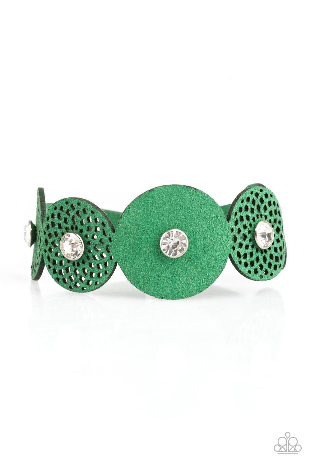Paparazzi Accessories Poppin Popstar - Green Dotted with white rhinestone centers, round green suede frames join across the wrist for a whimsical look. Features an adjustable snap closure. Jewelry