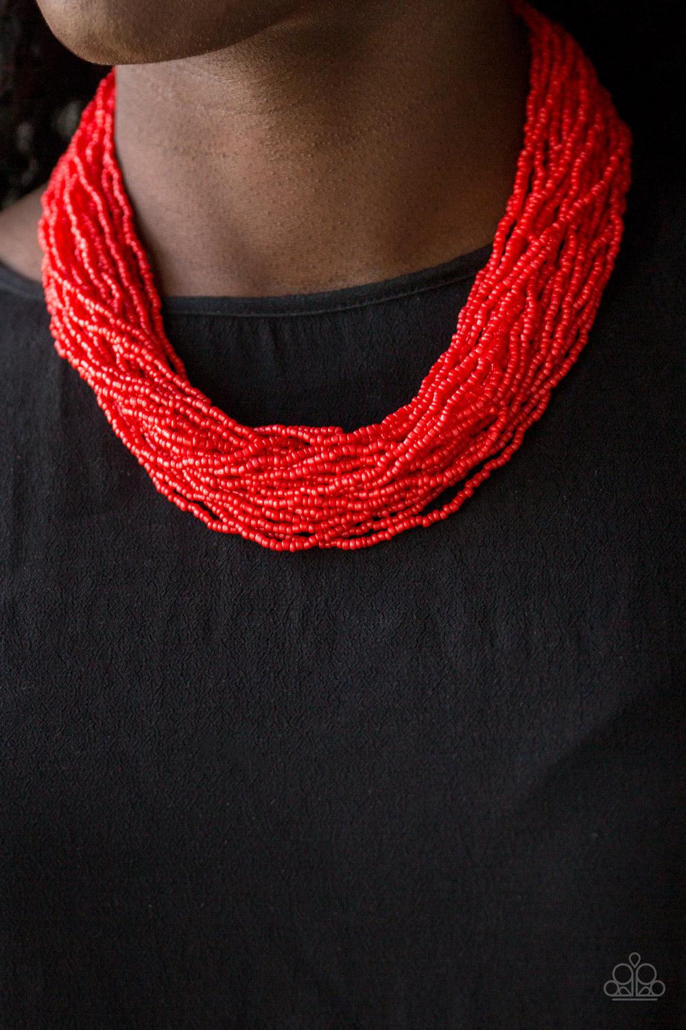 Paparazzi Accessories The Show Must CONGO On! - Red Infused with two bold silver fittings, countless strands of fiery red seed beads drape below the collar for a seasonal look. Features an adjustable clasp closure. Sold as one individual necklace. Include