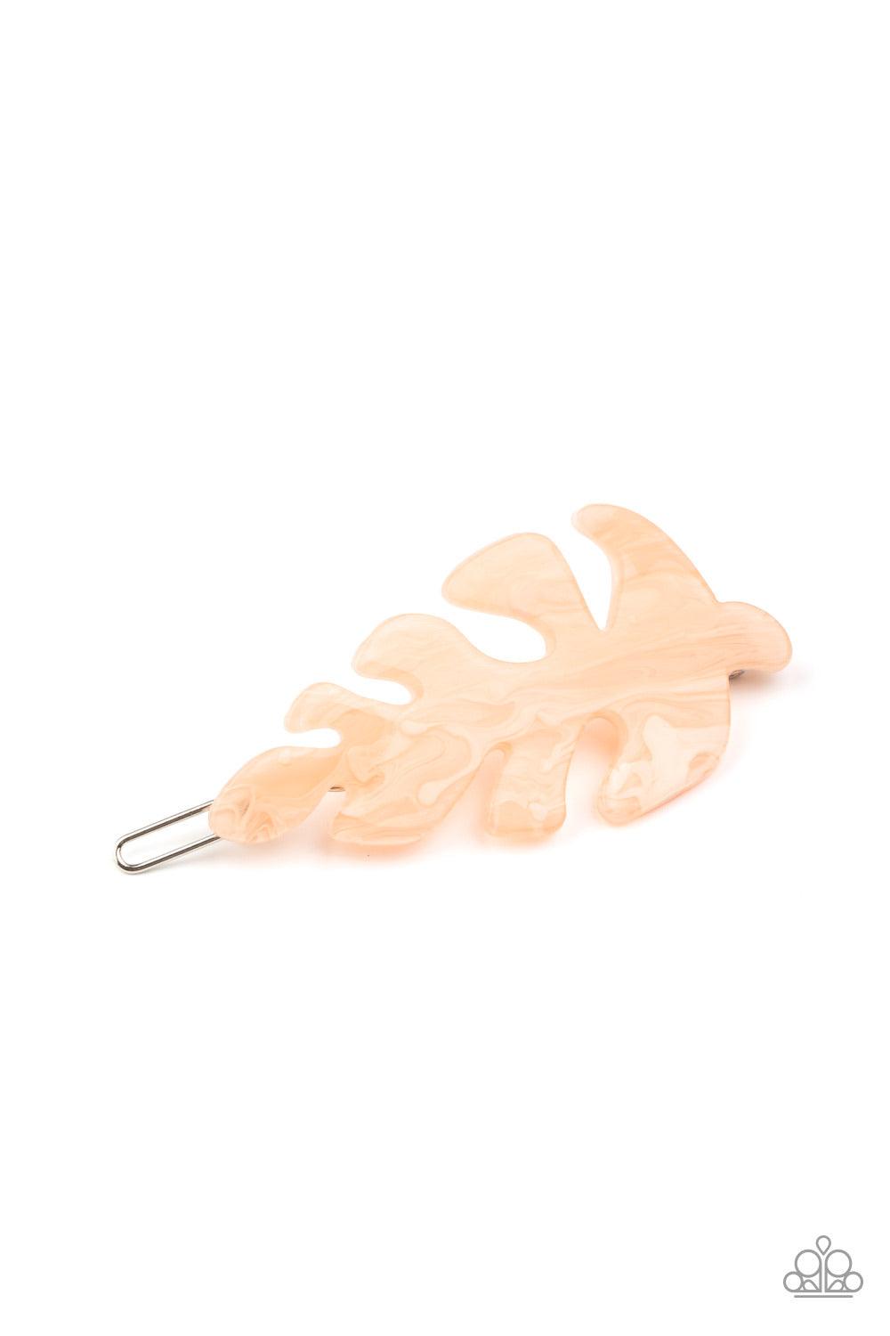 Paparazzi Accessories LEAF Your Mark - Pink Brushed in a shiny finish, a pink acrylic leaf delicately pulls back the hair for a seasonal inspired look. Features a clamp barrette closure. Sold as one individual hair clip. Hair Accessories