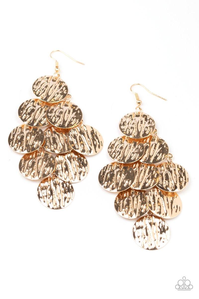Paparazzi Accessories Uptown Edge - Gold Embossed in rippling texture, a glistening collection of gold discs cascade from the ear for an edgy look. Earring attaches to a standard fishhook fitting. Jewelry