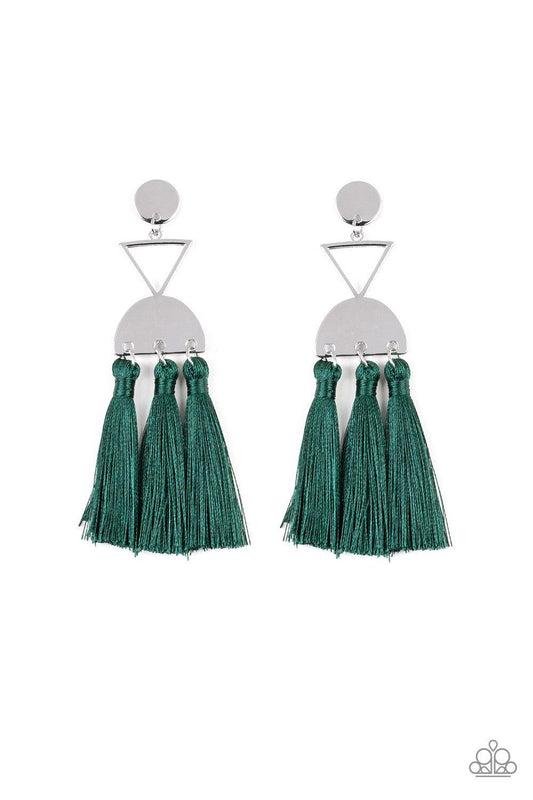 Paparazzi Accessories Tassel Trippin - Green A shimmery silver disc, airy silver triangle, and shimmery half moon frame link into a geometric lure. Three green threaded tassels swing from the bottom of the stacked frame for a trendy finish. Earring attach