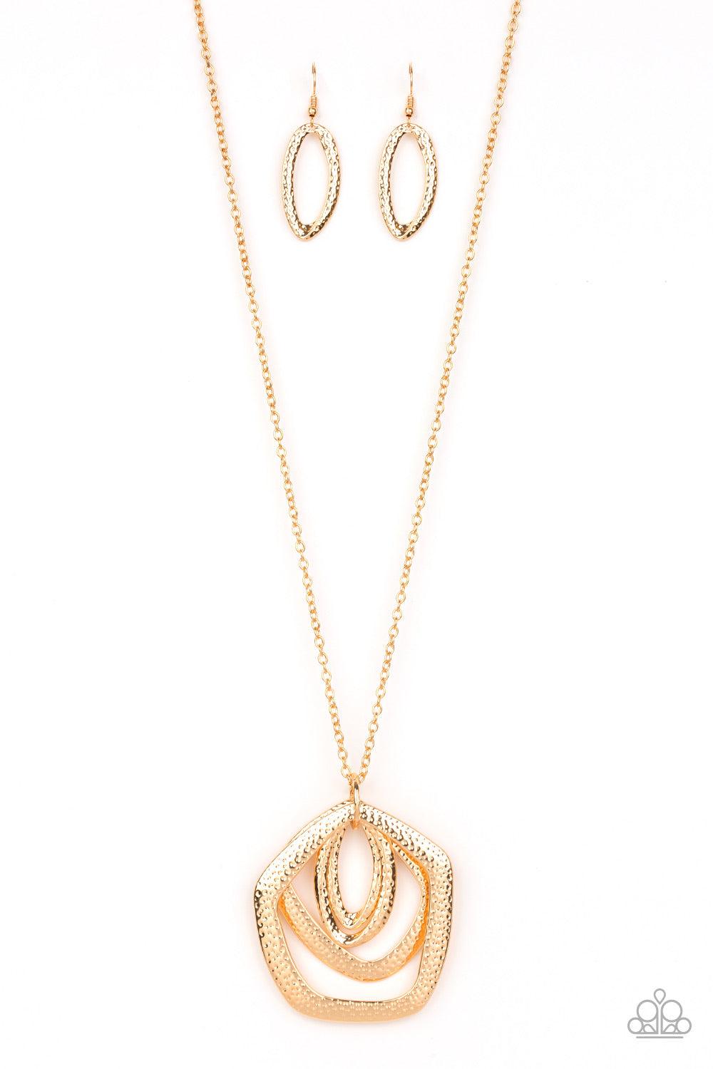 Paparazzi Accessories Urban Artisan ~Gold A collection of hammered geometric frames swing from the bottom of a lengthened gold chain, creating a bold artisan inspired pendant. Features an adjustable clasp closure. Sold as one individual necklace. Includes
