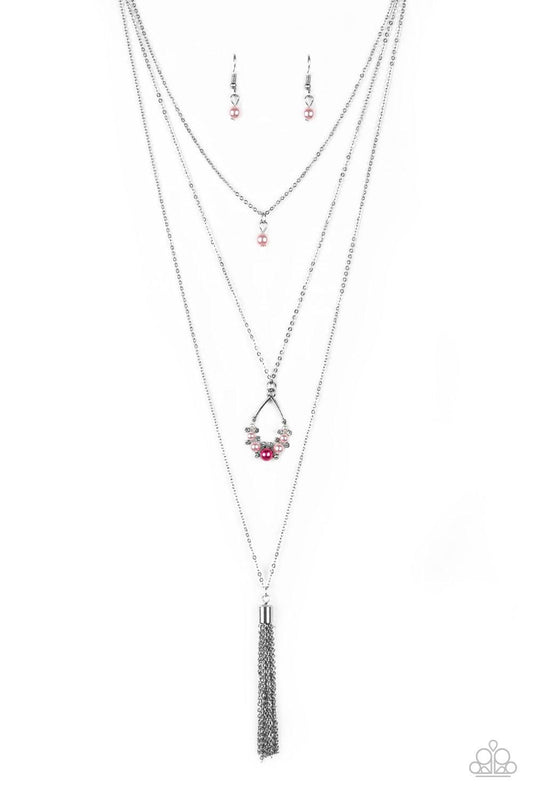 Paparazzi Accessories Be Fancy - Multi A solitaire pink pearl swings from the uppermost chain, giving way to a teardrop pendant and shimmery silver chain tassel. Dainty white rhinestones and pink pearls collect at the bottom of the centermost pendant for