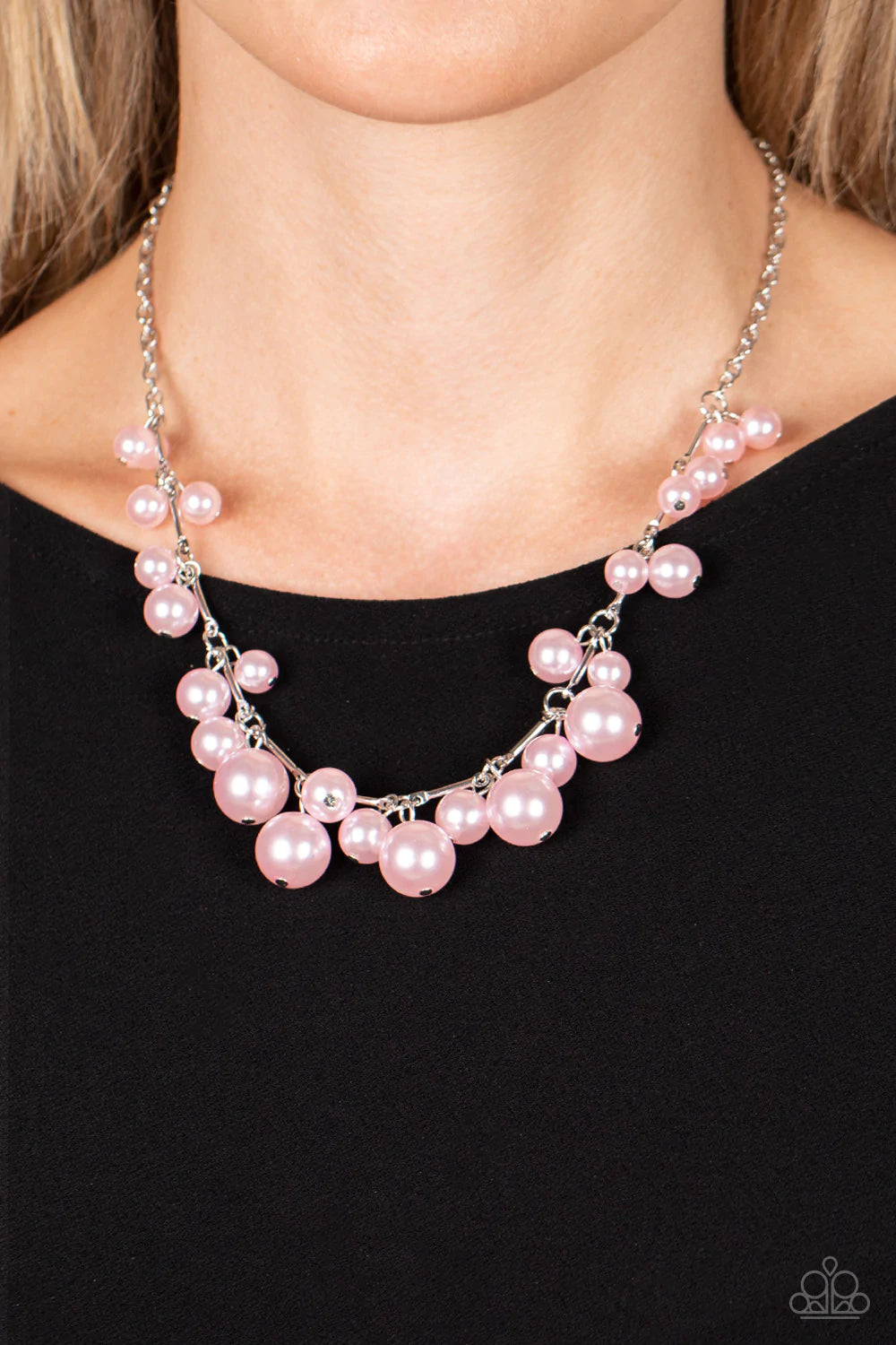 Paparazzi Accessories Tearoom Gossip - Pink Gradually increasing in size, clusters of pink pearls alternate with dainty silver bars below the collar, creating a bubbly fringe. Features an adjustable clasp closure. Sold as one individual necklace. Includes