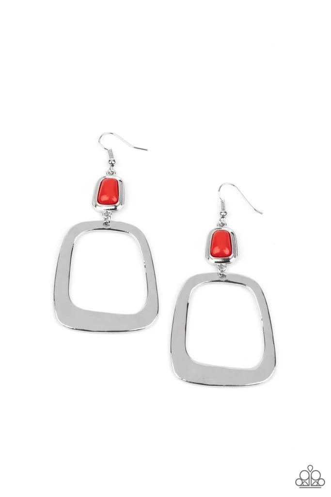 Paparazzi Accessories Material Girl Mod ~Red An oversized square hoop, delicately hammered for a shiny texture, dangles from a rectangular red bead pressed into a silver frame for a dramatic modern material girl display. Earring attaches to a standard fis
