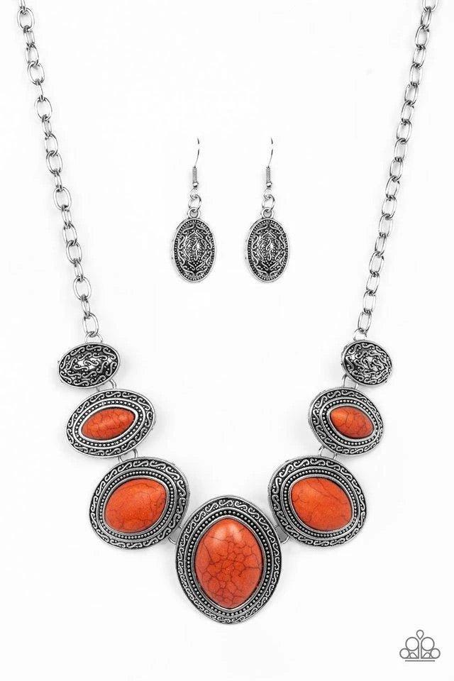 Paparazzi Accessories Sierra Serenity - Orange Gradually increasing in size near the center, vivacious orange stones are pressed into textured silver frames below the collar for a tribal inspired look. Features an adjustable clasp closure. Sold as one ind