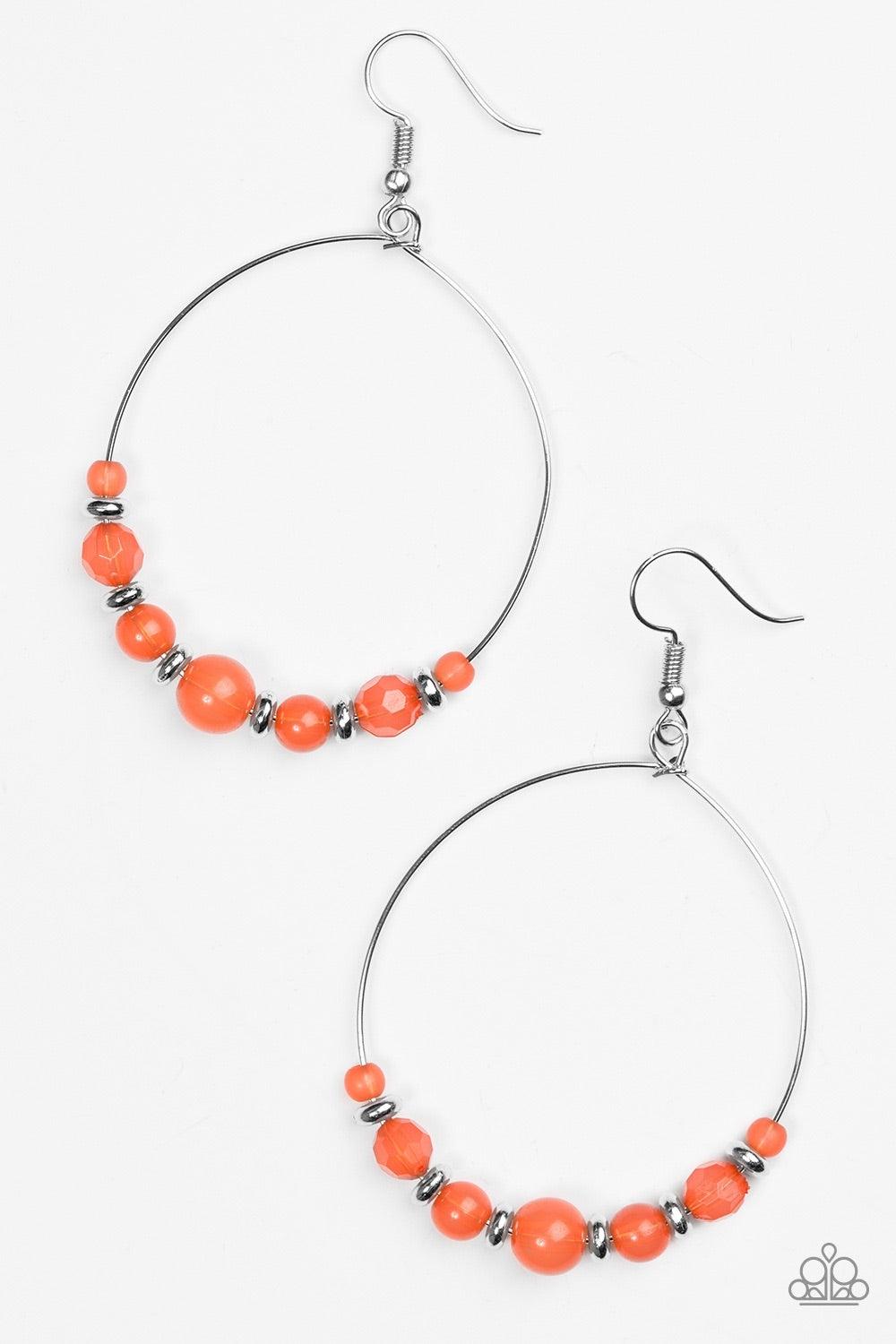 Paparazzi Accessories Going For GLOW - Orange Featuring an opaque finish, faceted and smooth orange beads join shimmery silver accents along a silver hoop for a whimsical look. Earring attaches to a standard fishhook fitting. Jewelry