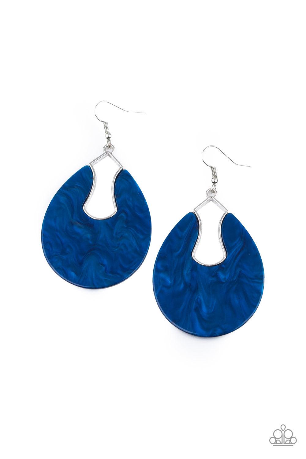 Paparazzi Accessories Pool Hopper - Blue Brushed in a faux marble finish, a shimmering acrylic frame attaches to an abstract silver fitting as it swings from the ear for a retro look. Earring attaches to a standard fishhook fitting. Jewelry