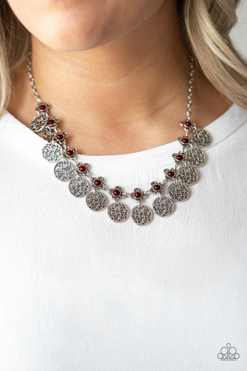 Paparazzi Accessories Mandala Movement - Red Silver mandala-like frames swing from the bottom of red beaded fittings, creating a flirtatious fringe below the collar. Features an adjustable clasp closure. Jewelry