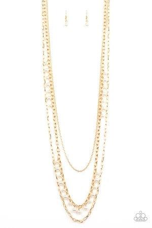 Paparazzi Accessories Pearl Pageant - Gold Three mismatched gold chains layer down the chest. Dainty white pearls cascade down one gold chain, adding a flirty twist to the timeless pearl palette. Features an adjustable clasp closure. Sold as one individua